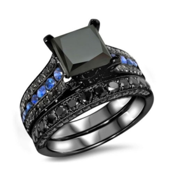Aprilsplace Jewelry - Black Sapphire Blue Accent Wedding Ring Size 10